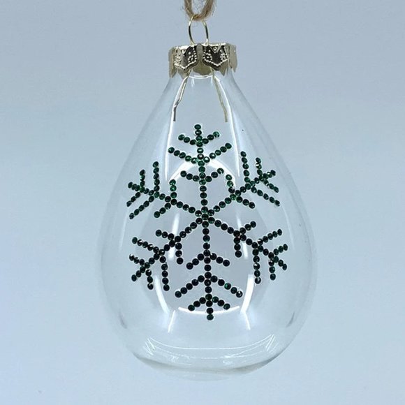 Teardrop glass Christmas ornament. Handmade green rhinestone snowflake design. - Picture 1 of 1